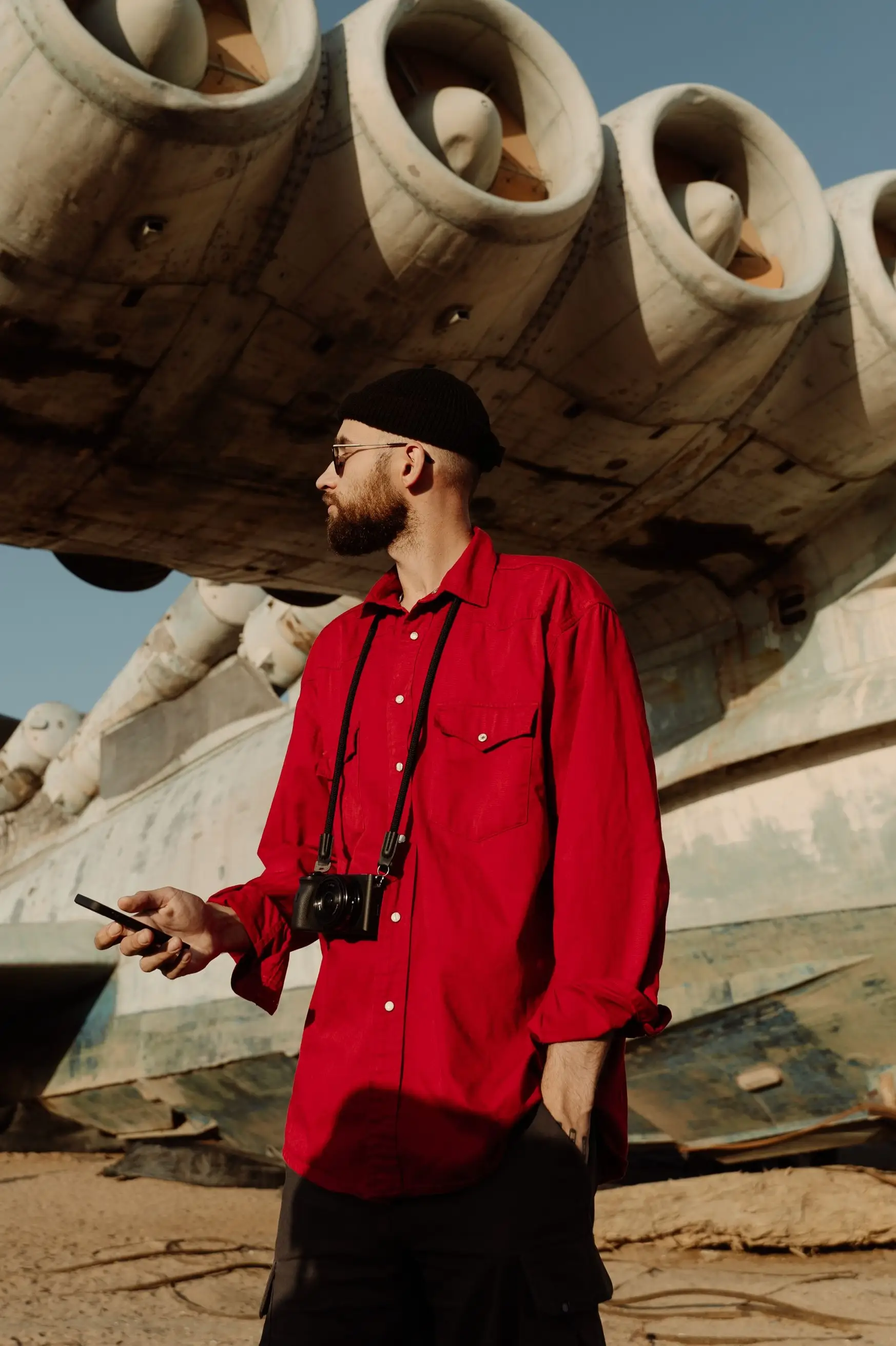 Red Work Overshirt worn by a model.