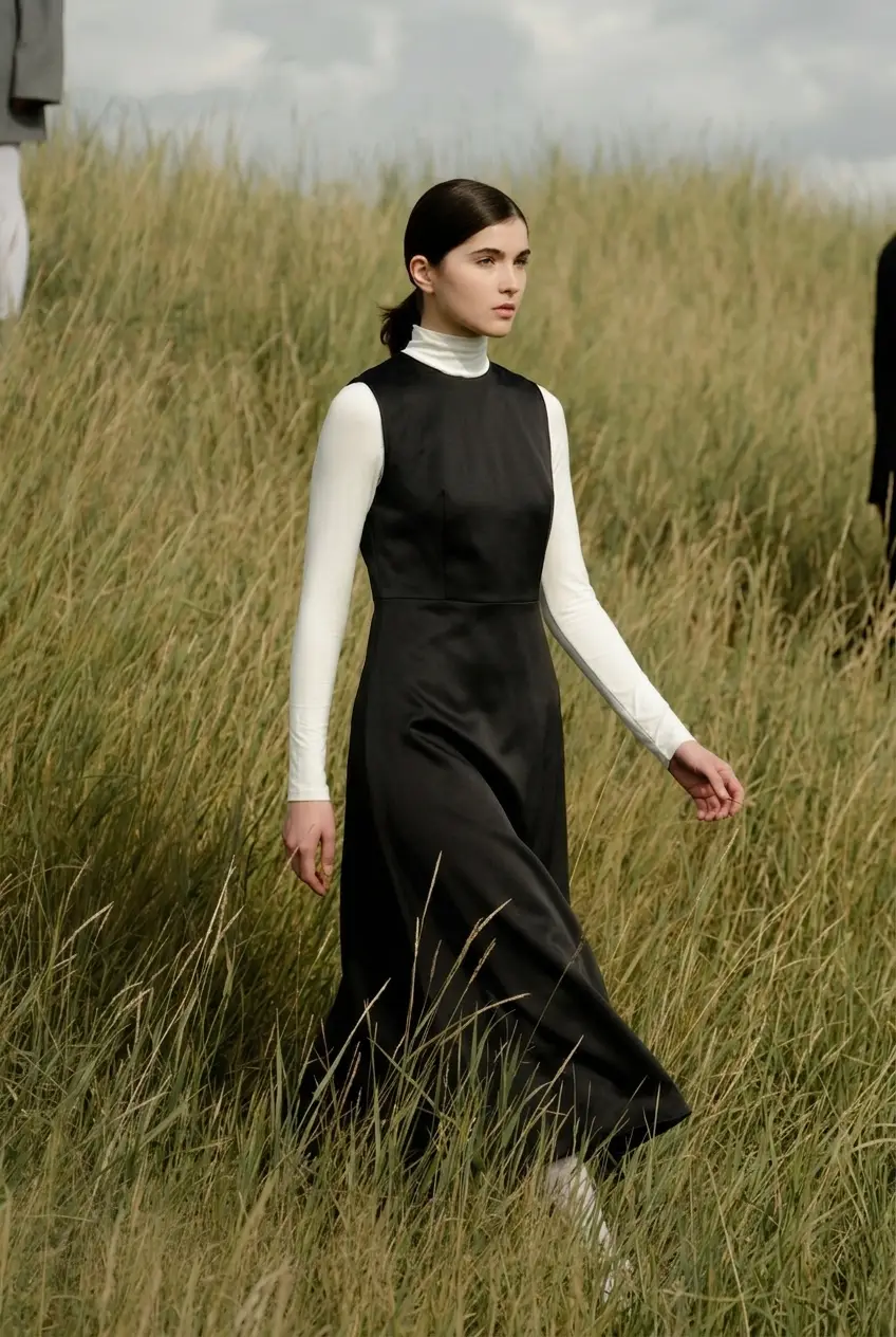 Black Pinafore Dress worn by a model.